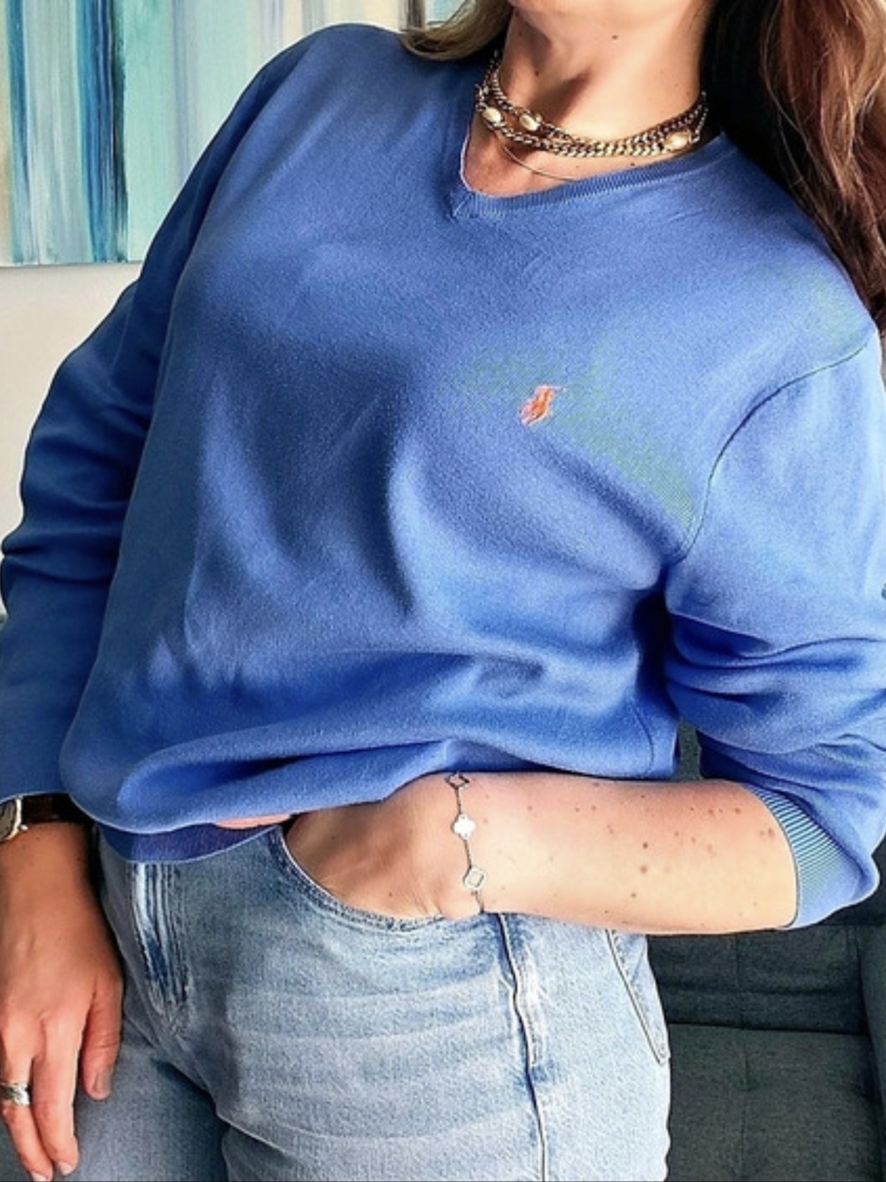 Ralph Lauren V-Neck Pima Cotton Sweater in Blue XL